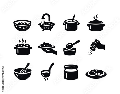 Kitchen Action Icons. Kitchen actions. Solid icon set of Kitchen actions: soaking, rinsing, stirring, simmering, boiling, serving, scooping, seasoning, mixing,