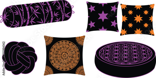 Decorative, pillows, cushions, illustration, set, modern, patterns, mandala, stars, knot, bolster, pouf, textile, home, decor, boho, style, isolated, white, background
