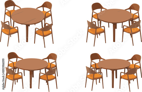 Dining, table, chairs, illustration, set, furniture, wooden, interior, home, kitchen, room, seating, round, modern, design, decor, isolated, white, background