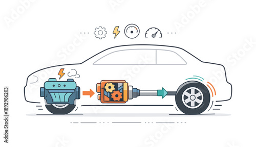 Car Mechanics Explained. What makes a car move. A simplified cutaway of a car showing an engine, transmission, and wheels in motion. Calm, educational view of