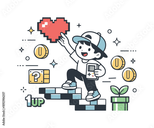 Retro Gaming Vibes. Retro gaming fan art. A character interacts with classic game elements like pixels, hearts, and coins. Nostalgia, fun, and simplicity,