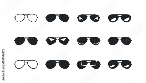 Sunglasses Logo Variations. Sunglasses. Icon set. Set Logo of Sunglasses: classic aviator shades front view. harmonious logo variations of the same emblematic