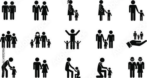 Family, people, icons, silhouette, illustration, set, parents, children, relationships, love, care, support, community, parenting, social, life, symbols, isolated, white, background