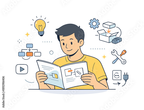 Comprehending Instructions. Reading instructions ? learning a process. Person reading instructions on a tablet or booklet, understanding how something works.