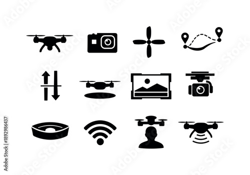 Drone Icon Set. Aerial Drone. Solid icon set of Aerial Drone: flying drone silhouette, aerial camera, propeller cross, sky navigation lines, altitude arrows,