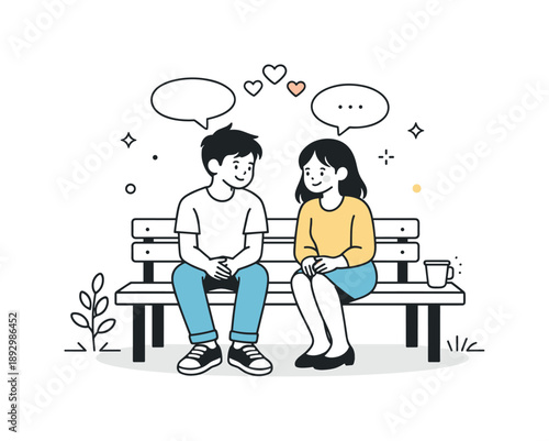 First Date Moments. First date moment. A pair sitting shyly on a park bench, soft conversation bubbles and subtle heart symbols above. Sweet and gentle