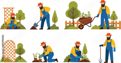 Gardening, illustration, set, featuring, farmer, planting, watering, digging, garden, work, outdoor, agriculture, landscaping, nature, tools, people, flat, design, isolated, vector