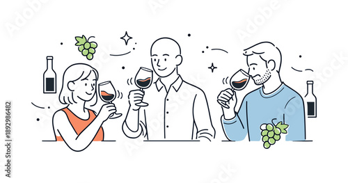 Elegant Wine Tasting. Wine tasting illustration. A calm scene with people holding wine glasses and gently swirling the wine, surrounded by simple grapes and