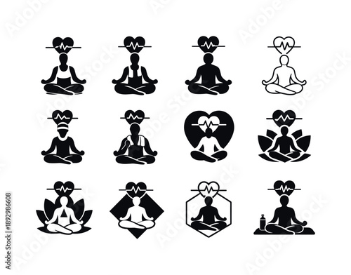 Mindfulness Icon Set. A person practicing mindfulness and relaxation after a workout session. Icon set. Set Logo of A person practicing mindfulness and
