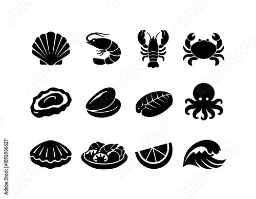 Black Seafood Icons. Seafood. Solid icon set of Seafood: scallop, shrimp, lobster, crab, oyster, mussel, fish fillet, octopus, clam shell, seafood plate, lemon