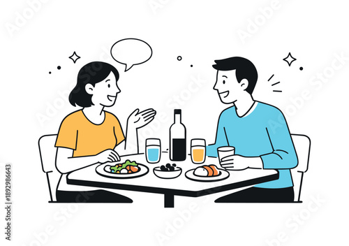 Friendly Dining Scene. Casual dining experience. Guests sit and chat at a small table, with plates and glasses arranged neatly. The scene conveys friendliness,