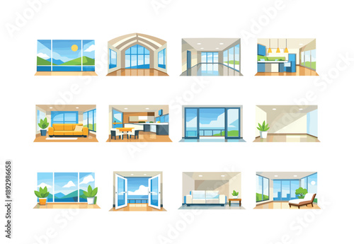 Colorful Open Space Icons. Open space. Colorful flat vector icons set of open space: large windows, vaulted ceiling, wide hallway, open layout, spacious living