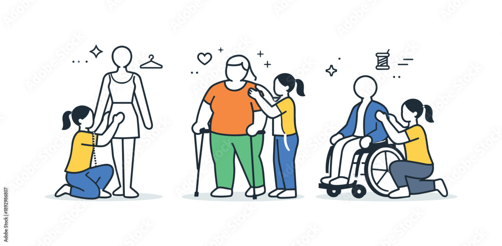 Fototapeta premium Inclusive Fashion Design. Inclusive fashion for all body types. A designer adjusting clothes on different body silhouettes displayed as simple figures. The