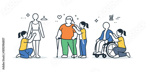 Inclusive Fashion Design. Inclusive fashion for all body types. A designer adjusting clothes on different body silhouettes displayed as simple figures. The