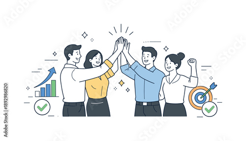 Teamwork Triumph Celebration. Corporate teamwork success. Team celebrating achievement together, subtle checkmarks and upward elements nearby. Positive energy,