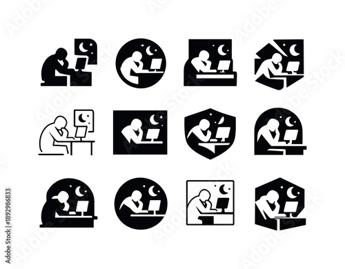 Night Work Icons. someone continuing to work late into the night, focused. Icon set. Set Logo of someone continuing to work late into the night, focused: tired