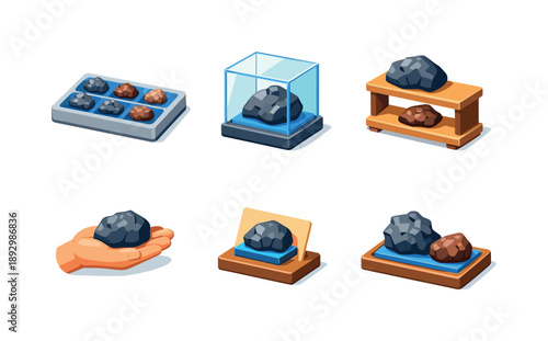 Meteorite Icon Grid. Meteorite Display. Isometric flat vector icons set of Meteorite Display: labeled meteorite tray, specimen in glass case, shelf meteorite
