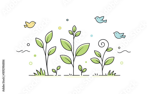Spring Renewal. Spring nature awakening. Abstract plants and sprouts growing upward, small birds or dots floating around. The illustration conveys freshness,