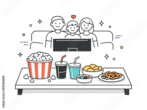 Family Movie Snacks. Family movie night snacks. A simple scene showing a coffee table with popcorn, drinks, and small snacks in front of the family watching a