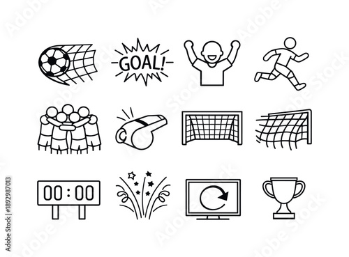 Soccer Goal Icons. Soccer goal celebration. Line icon set of Soccer goal celebration: ball in net, goal shout, cheering fan, running player, team huddle,
