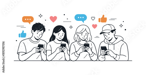 Digital Distraction Friends. People scrolling social media. Group of friends together but focused on their own phones. Friendly neutral scene reflecting modern
