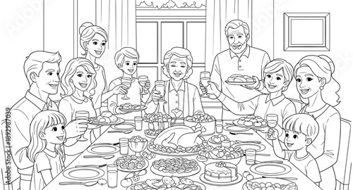 Happy multi-generational family gathered around a table for a festive holiday meal