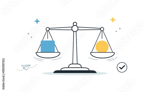 Balanced Judgment Illustration. Fair Decision Making. A calm editorial scene with abstract scales aligned symmetrically, floating gently in space to suggest