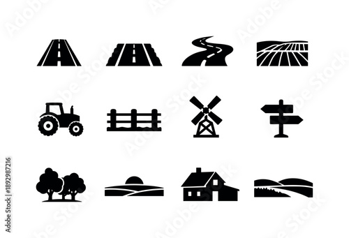 Country Travel Icons. Country travel route. Solid icon set of Country travel route: asphalt road, dirt shoulder, road bends, farmland fields, tractor, fence