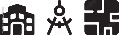 Architecture icons building compass and floor plan for real estate and design