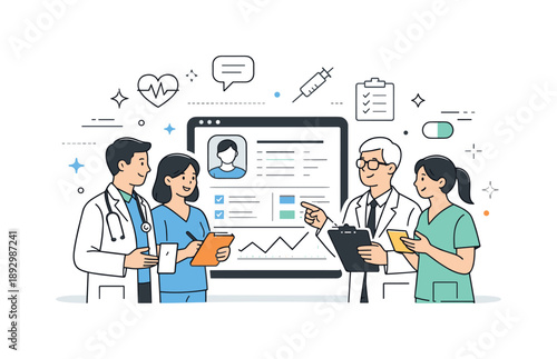 Collaborative Healthcare Teamwork. Healthcare teamwork illustration. Doctors and nurses calmly collaborating around a digital patient chart, exchanging