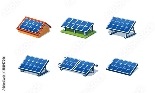 Isometric Solar Panel Icons. Solar Panel. Isometric flat vector icons set of Solar Panel: rooftop solar panel array, ground-mounted solar panel, solar panel