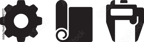Engineering icons gear rolled paper and caliper for industry and mechanics design