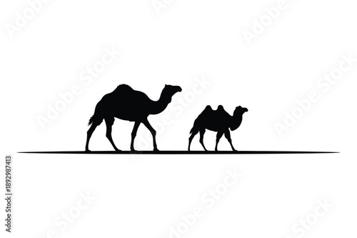 Camel Caravan Silhouette in Desert Landscape