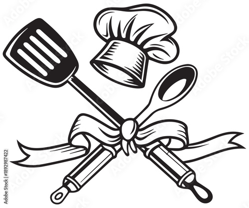 Chef Hat & Kitchen Utensils Logo – Elegant Cooking Design with Spoon, Spatula & Ribbon .