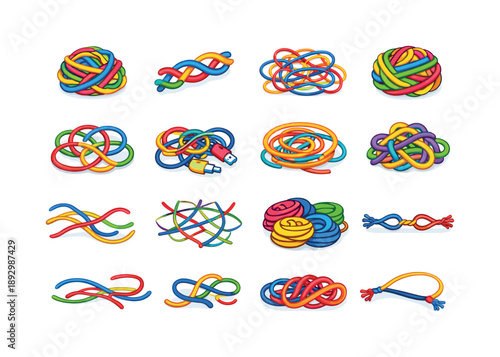 Colorful Tangled Strings. TangledStrings. Colorful isometric vector icons set of TangledStrings: yarn ball mess, intertwined strings, chaotic lines, twisted