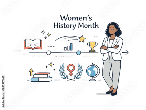 Celebrating Women's Legacy. Women?s History Month. A confident woman standing near abstract timeline elements and symbolic icons of books and stars. Respectful