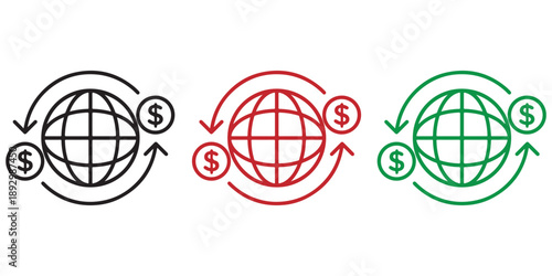 Global Money Transfer Icon Set, Worldwide Currency Exchange Symbol, International Banking Finance Illustration, Digital Payment Transaction Vector Design for Web and App