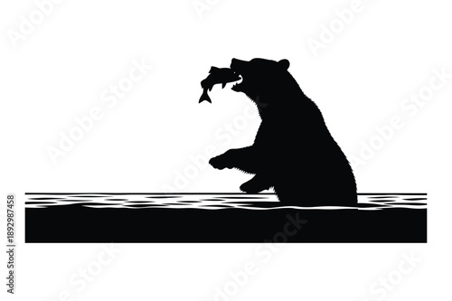 Bear Catching Fish Silhouette in Water