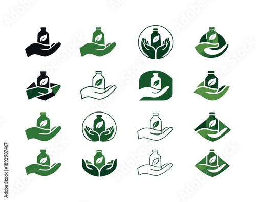 Ethical Consumerism Icons. Ethical consumerism guides. Icon set. Set Logo of ethical consumerism guides: hand holding eco product. harmonious logo variations