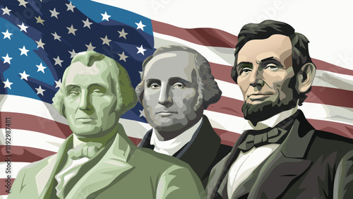 Presidents Day Concept Showing Founding Fathers and American Flag
