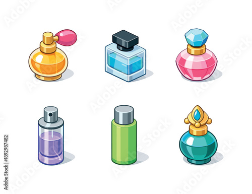 Colorful Perfume Bottles Grid. Packaging Protection. Colorful flat vector icons set of Packaging Protection: bubble wrap roll, cardboard box, fragile shield,