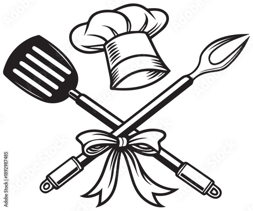 Chef Hat & Kitchen Utensils Logo – Elegant Cooking Design with Spoon, Spatula & Ribbon .