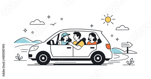 Journey with Friends. Friends on the road. A car driving through a simple landscape with passengers chatting inside. Relaxed travel mood, connection, and open