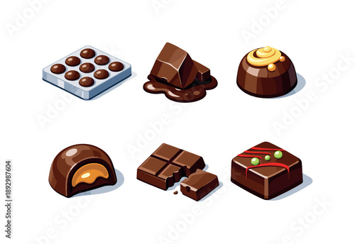 Isometric Chocolate Icons. Chocolate Making. Isometric flat vector icons set of Chocolate Making: molded chocolate form, chocolate tempering piece, cocoa