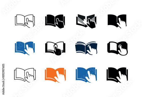 Interactive Textbooks Icons. Interactive textbooks. Icon set. Set Logo of Interactive textbooks: open book with touch gestures. harmonious logo variations of