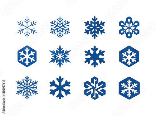 Snowflake Emblem Collection. Snowflake formation. Icon set. Set Logo of snowflake formation: microscopic ice growth. harmonious logo variations of the same