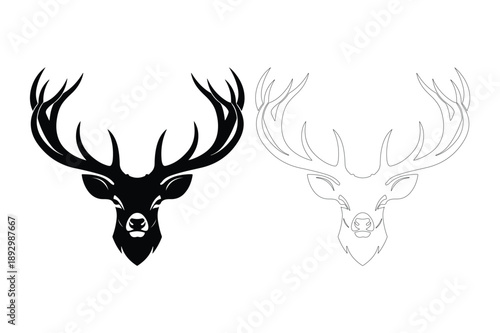 Black silhouette and outline of a stag's head with antlers