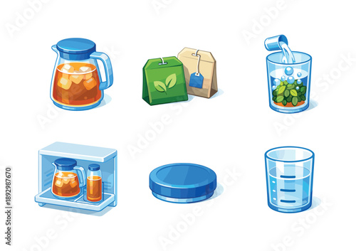 Cold Brew Tea Icons. Cold brew tea. Isometric flat vector icons set of cold brew tea: glass pitcher container, tea bag sachets, water infusion flow,