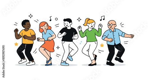 Joyful Dance Gathering. People dancing together. A friendly editorial scene of people dancing side by side, moving freely and enjoying the rhythm. The mood