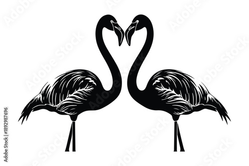 Two black flamingos forming a heart shape with necks, elegant
